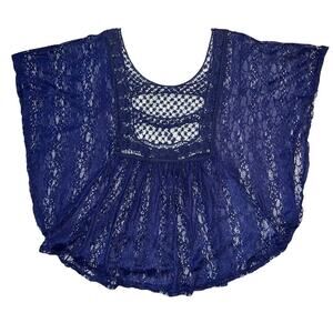 Deb Poncho Blouse Top Blue Wide Cut Lace Accent Cutout Back XL